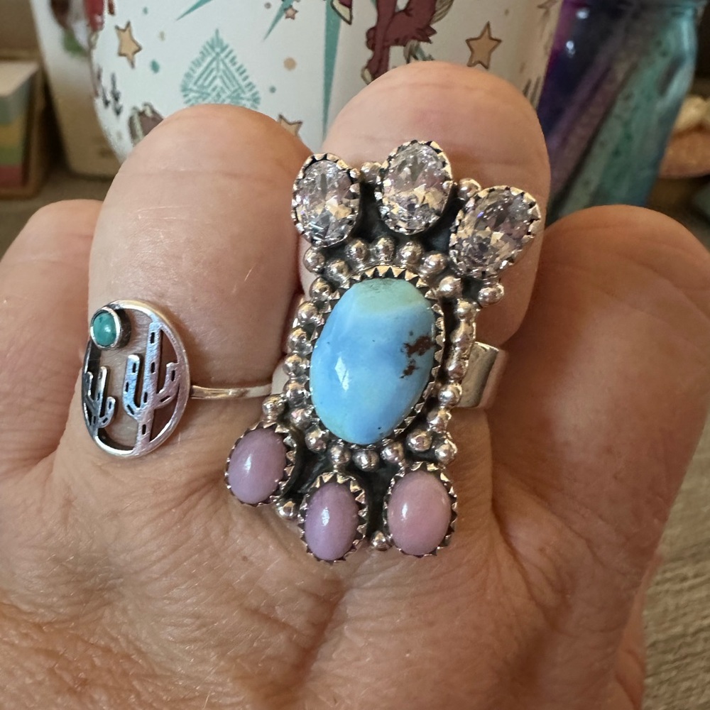 Silver Ring with Blue and Pink Stones